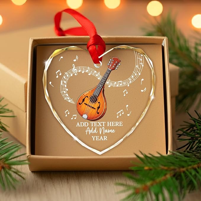 Custom Mandolin Christmas Glass Ornament 2026, Personalized Mandolin Player Xmas Ornament with Text Name & Year, Musical Instrument Christmas Tree Ornaments, Gift for Men Women Mandolinist