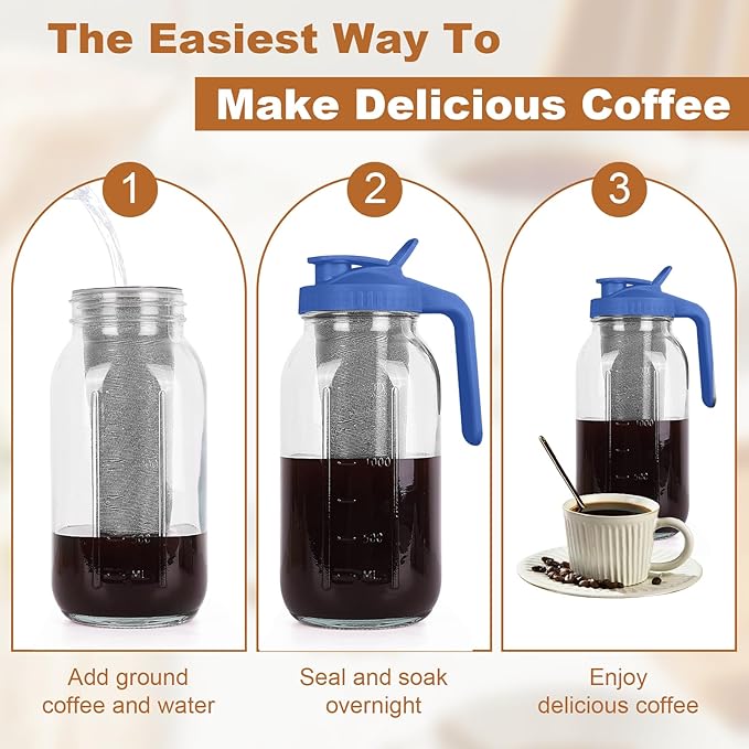 QHH Cold Brew Coffee Maker, 64 oz Mason Jar Pitcher with Stainless Steel Filter, Pour Spout Handle Lid, Heavy Duty Glass Airtight & Leak-Proof for Iced Coffee,Tea & Lemonade