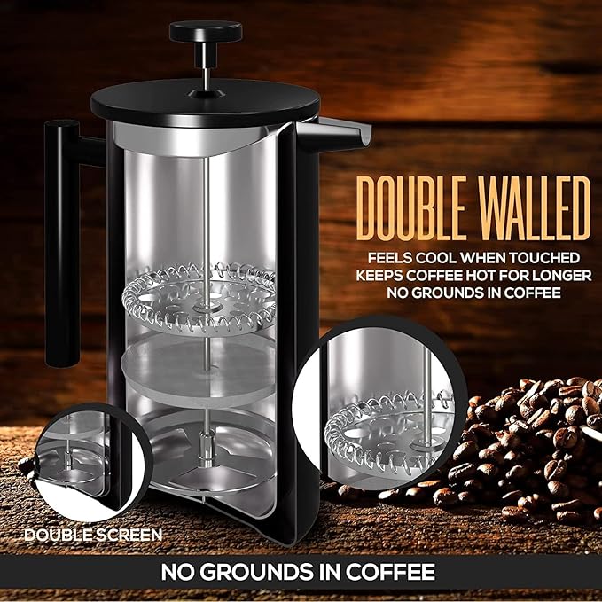 Coffito French Press Coffee Maker,Stainless Steel Double Wall Insulated Coffee Press 34 oz,4-8 Cups, Portable Hot Cold Brew Teapot Cafetera for Coffee Bar Accessories Kitchen Camping (Black,34oz)