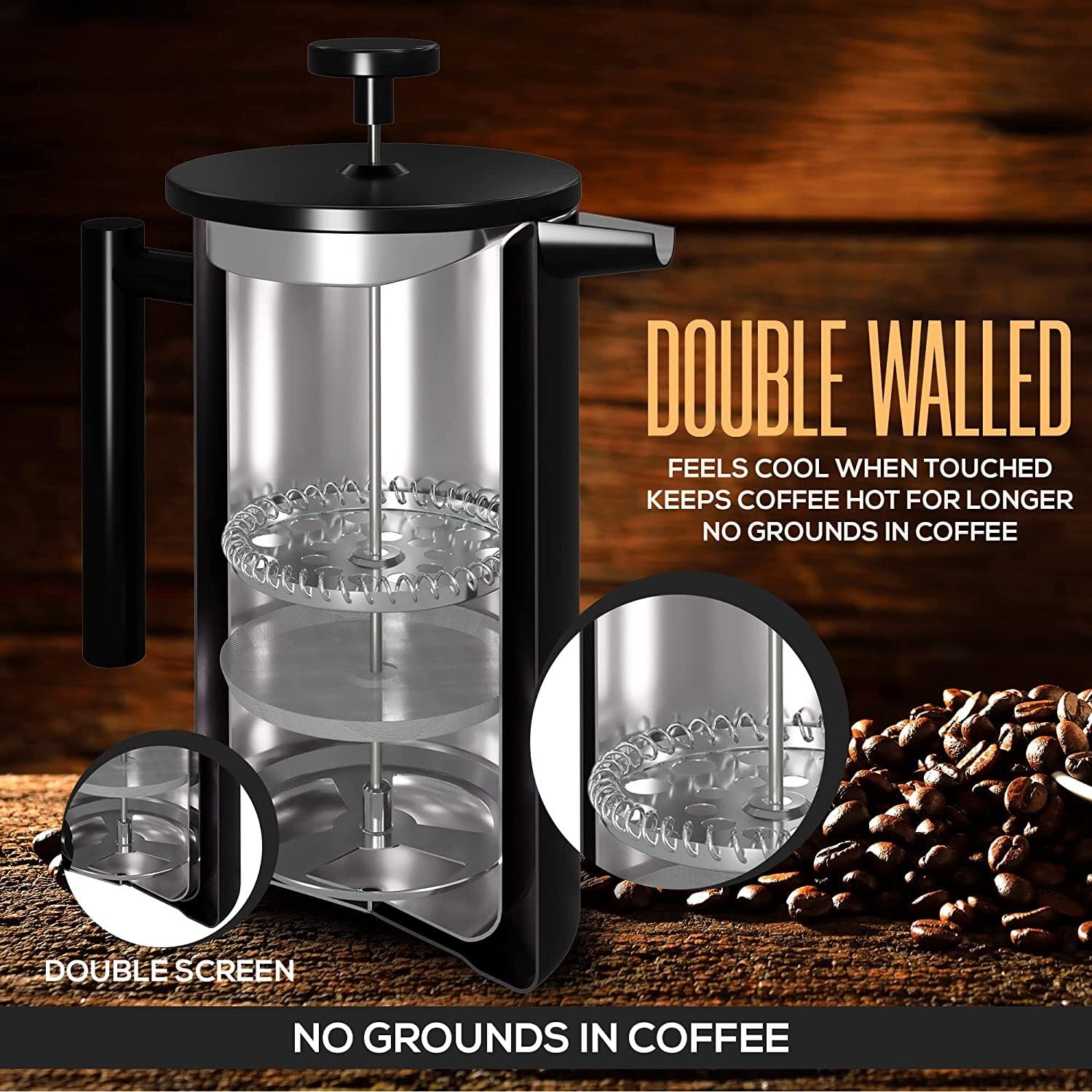Coffito French Press Coffee Maker,Stainless Steel Double Wall Insulated Coffee Press 34 oz,4-8 Cups, Portable Hot Cold Brew Teapot Cafetera for Coffee Bar Accessories Kitchen Camping (Black,34oz)
