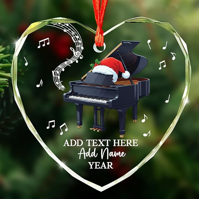 Customized Text Name & Year Piano Christmas Glass Ornament, Piano Lover Christmas Ornaments 2026, Personalized Pianist Xmas Tree Ornament, Musical Instrument Xmas Decor Gift for Son Daughter