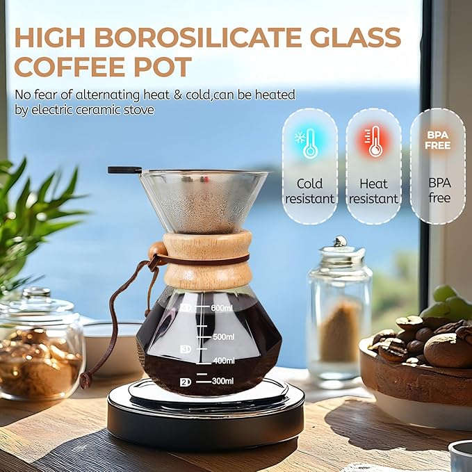 Mogrecha Pour Over Coffee Maker 600ml with 304 Stainless Steel Filter Wooden Collar Holder Borosilicate Glass Drip Coffeemaker Server Set Clear Hand Brew Dripper Carafe for Home Camping Travel 20.3oz