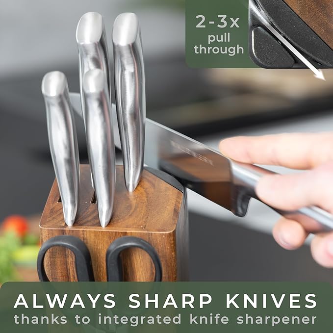 WALDWERK Knife Set - 7pcs Kitchen Knife Set with Block and Integrated Sharpener - Kitchen Knife Set - Knife Block Set - Kitchen Knifes - Knives Set for Kitchen - Knife Block - Knife Set with Block