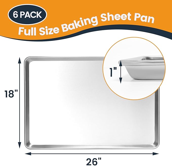 FSUON 6 Pack Full Size Aluminum Baking Sheet Pan, 26 x 18 in