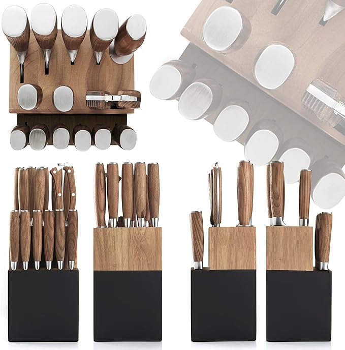 Kangdelun Ultra Sharp 15-Piece Kitchen Knife Set, High Carbon Stainless Steel Blades, Torrefied Brown Wood Handles, Ergonomic Design, Space-Saving Black-Finished Wood Block, Easy Hand Wash, Gift Box