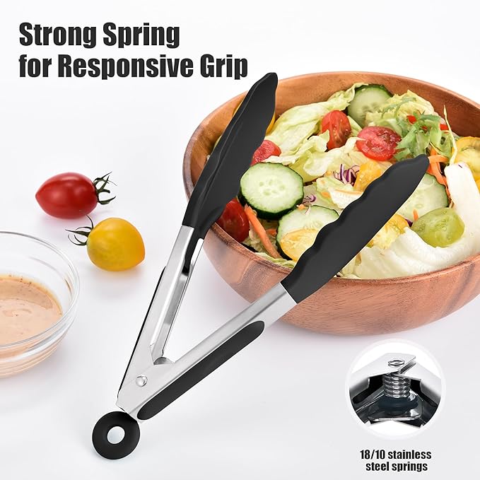 Doosu Kitchen Tongs with Silicone Tips for Cooking Serving (3Pcs, Black)