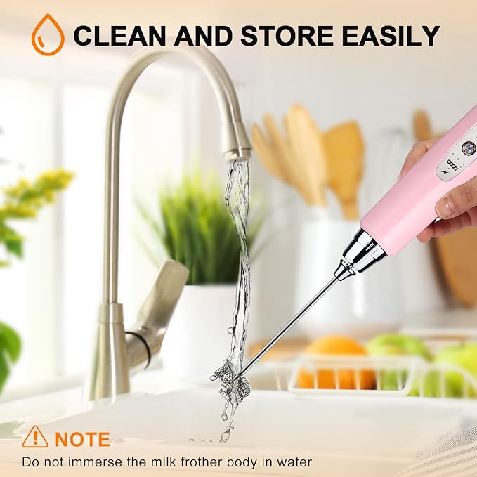 YUSWKO Handheld Milk Frother Wand for Coffee, Rechargeable Electric Whisk with 3 Heads 3 Speeds Drink Mixer Coffee Frother For Latte, Cappuccino, Hot Chocolate, Egg, Pink