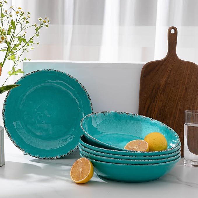 ZAROCRUS Farmhouse Melamine Pasta Bowls Set of 6, 42 OZ Shallow Individual Bowl, Melamine Pasta Plates and Salad Bowls sets, Dishwasher Safe Serving,Snack bowl,Fruit Bowl, Teal