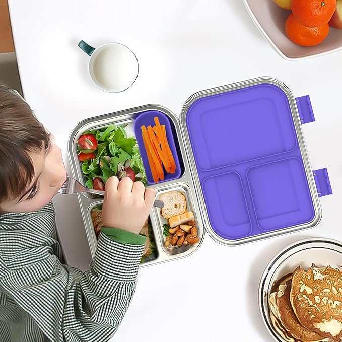 BOSEDSANG Stainless Steel Kids Leak-Resistant Bento Lunch Box, 3-Compartments with Silicone Container, Dishwasher-Safe, Child-Friendly Design for School, Picnics & Travel,BPA-Free(Purple)