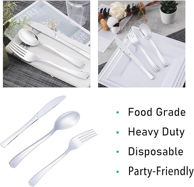 N9R 200PCS Silver Plastic Silverware, Disposable Utensils & Cutlery