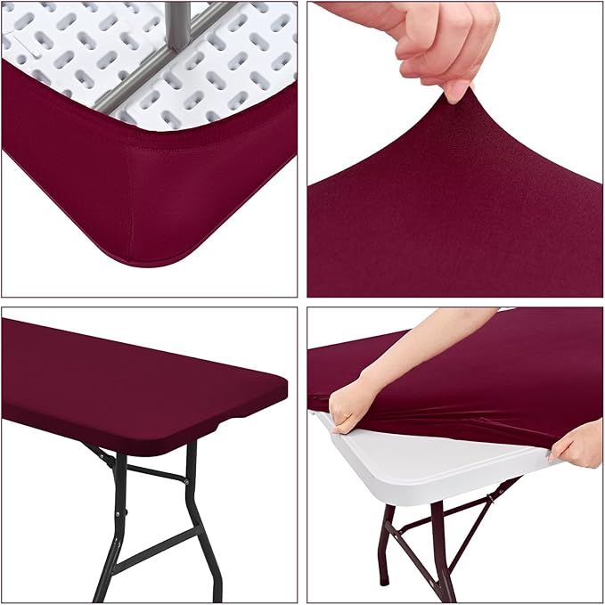REWOMC 6 Pack Stretch Fabric Table Top Cap Cover, fits 8' Tables, Spandex Table Covers Washable Elastic Rectangle Tablecloth Protector for Indoor Outdoor Party Picnic Wedding, Wine Red, 30" W x 96" L