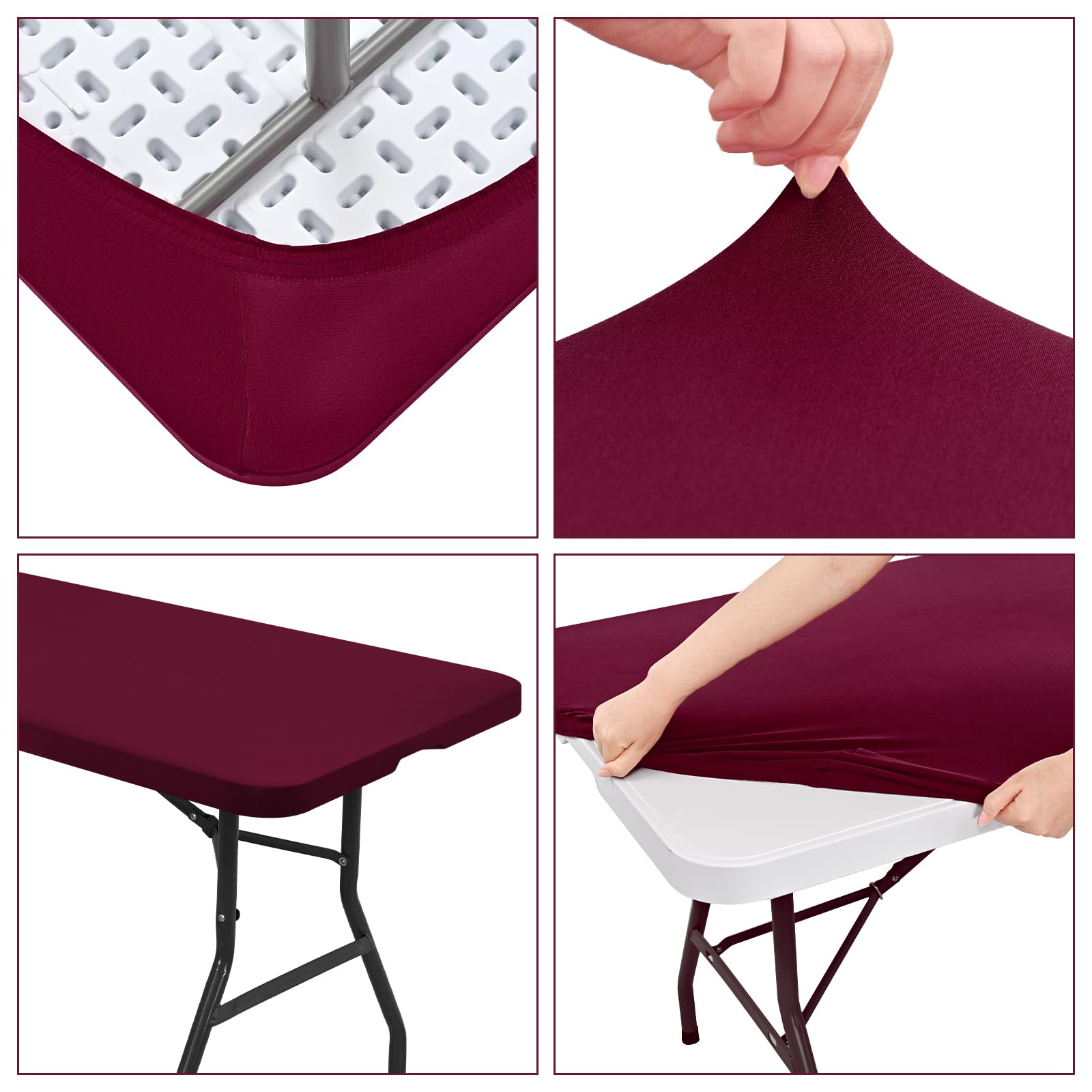 10 Pack Fitted Tablecloth for 8 Foot Rectangle Tables, Wine Red Elastic Outdoor Picnic Table Cover, Washable Stretch Folding Table Cloths 8 ft for Camping Party Patio Kitchen Banquet, 30" W x 96" L