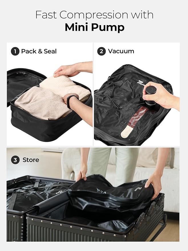 POIXM Vacuum Bags for Travel with Wireless Pump, 180° Open Zipper, IP67 Waterproof, Reusable Space Saver Compression Bags for Backpack, Suitcase, Home Storage(2 Pack + Pump)