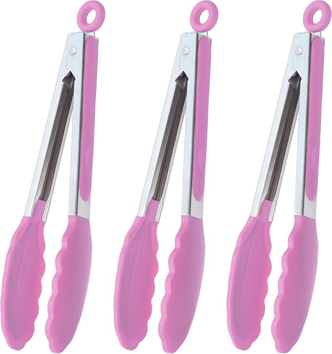 HINMAY Serving Tongs with Silicone Tips 9-Inch Food Tongs, Set of 3 (Pink)