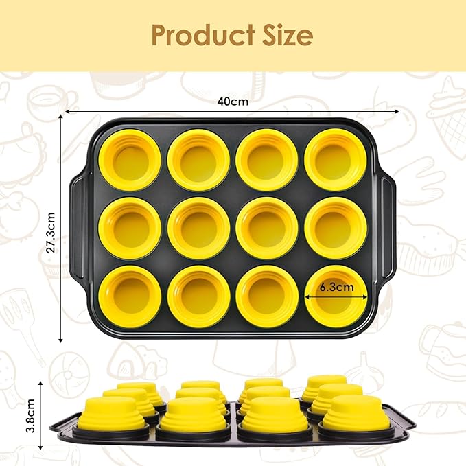 YiYeraio 12 Cups Silicone Muffin Pans for Baking with Metal Frame, Egg Bite Molds, Cupcake Pans Regular Size, Muffin Tins Easy to Pop Nonstick Non Toxic Bakeware for Oven Dishwasher Safe