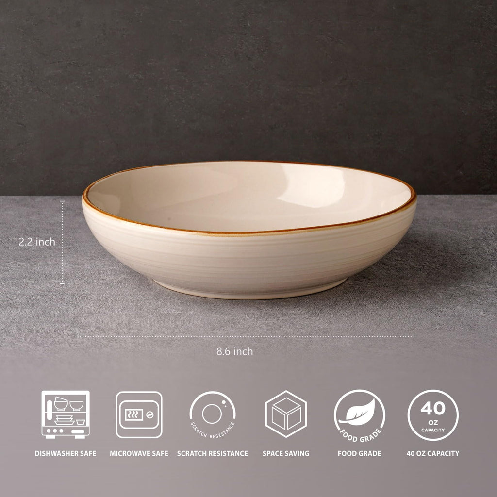famiware Tempus 8.6'' Pasta Bowls Set of 4, 40 oz Bowls for Kitchen, Stoneware Deep Serving Bowls, Dishwasher & Microwave Safe Bowls for Cereal, Salad, Soup, Dessert etc - Antique White