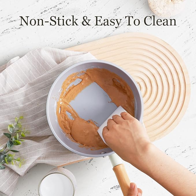 ROCKURWOK Ceramic Nonstick Sauce Pan with Lid, 2 Quart Cooking Pot, Small Saucepan with Steamer, PTFE & PFAS-Free, Wooden Handle for Cool Touch, Universal Base(Gas, Electric & Induction), White