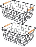 Black 2PCS Wire Storage Baskets with Wooden Handles for Pantry Organizer