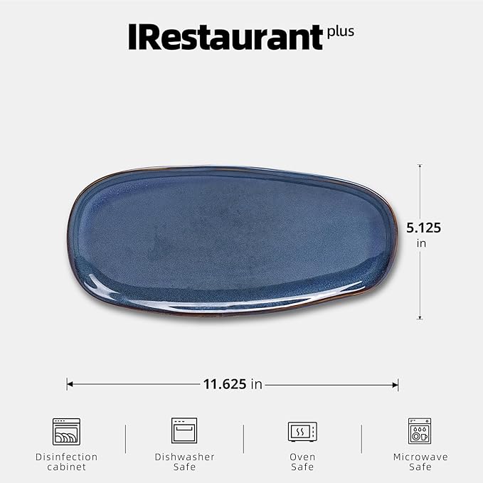 Organic Shape Highland Ceramic Serving Tray, 12pcs 11.625 * 5.125inch Handmade Reactive Glaze Stoneware Tray with Wavy Edge, for Kitchen, Microwave & Dishwasher Safe, Scratch Resistant-Blue