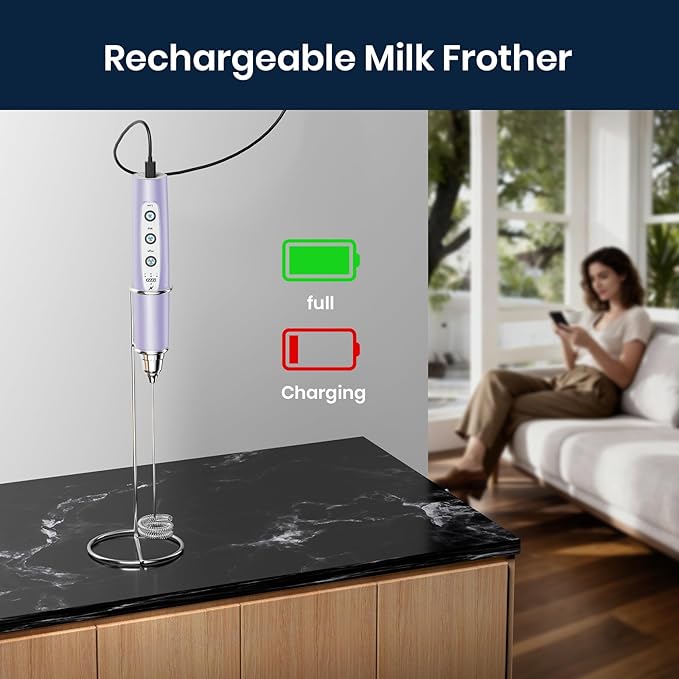 Milk Frother Wand Rechargeable Handheld Electric Whisk 3 Speed Adjustable