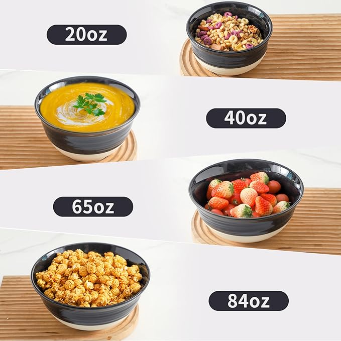 HASENSE Nesting Ceramic Mixing Bowls Set of 4, 2.5/1.5/1.0/0.5 Qt Black & Beige Stoneware Bowls, Farmhouse Bowls for Cooking, Baking, Fruit & Holiday Serving, Dishwasher & Microwave Safe
