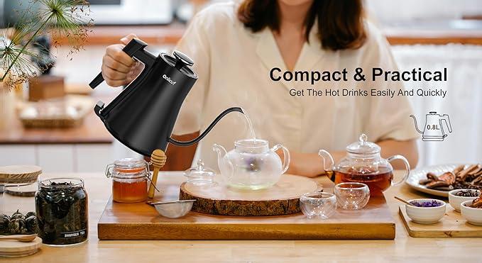 Onlicuf Gooseneck Electric Kettle 0.8L (27oz) - 1000W Rapid Fast Boiling Tea Kettle with Auto Shut Off & Boil-Dry Protection, Stainless Steel Leak-Proof Water Boiler for Pour Over Coffee, Black