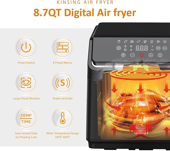 KINSING Air Fryer with Window Visible 8-in-1,8.7-Qt Large space,85% Less Oil,Roast, Bake, Dry, Reheat, Frozen, Broil,160-400℉ Even Results With Precise Temperature Control,Dishwasher-Safe