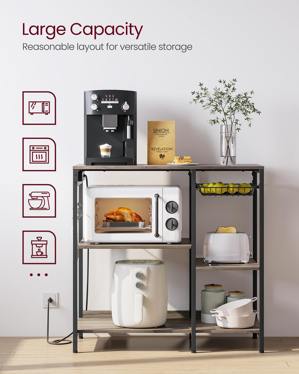 VASAGLE Baker's Rack, Coffee Bar Stand with Charging Station, 35.6 Inches Tall, Storage Shelves, Pull-Out Wire Basket, Table for Microwave, Kitchen, Heather Greige and Ink Black UKKS036K02