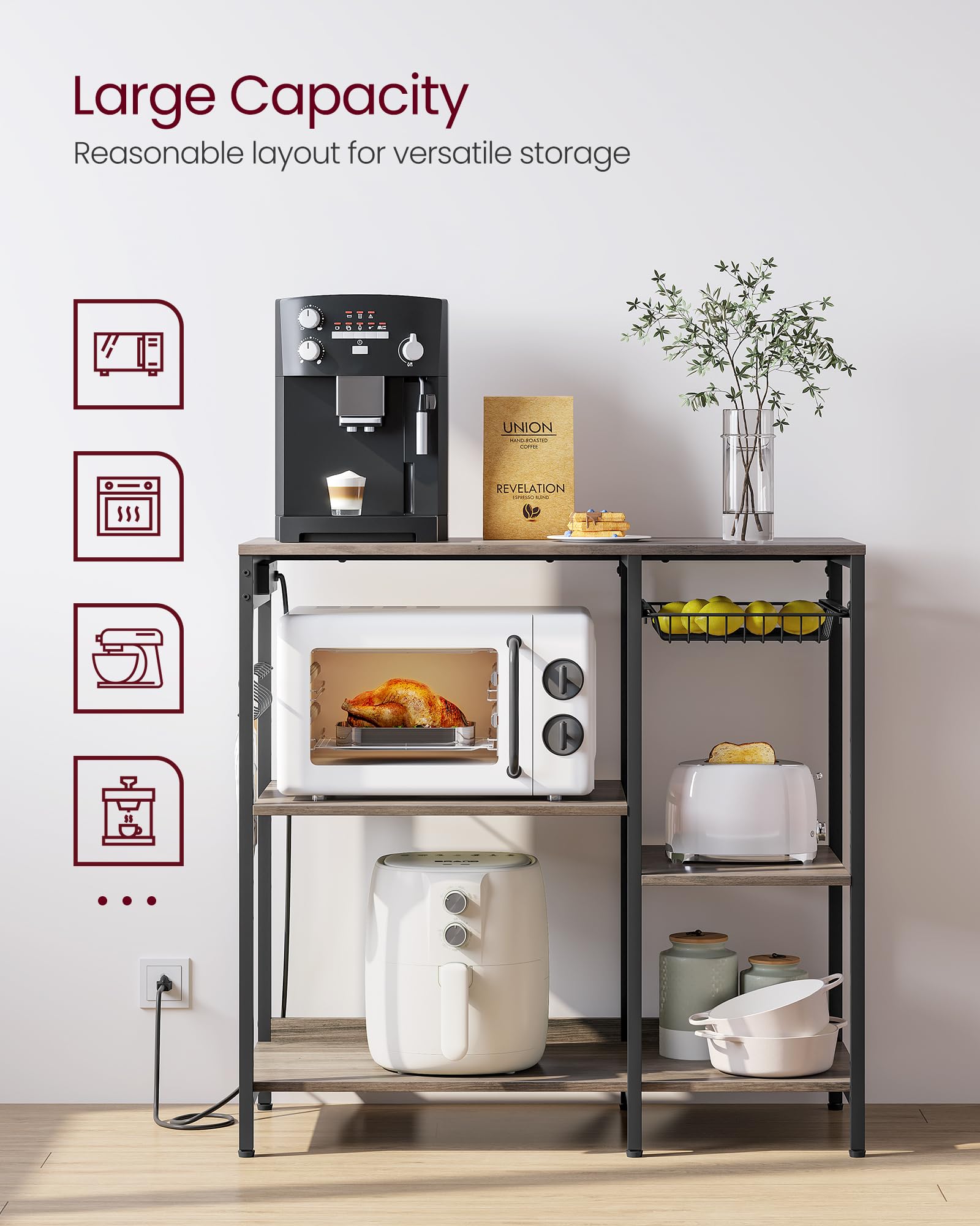 VASAGLE Baker's Rack, Coffee Bar Stand with Charging Station, 35.6 Inches Tall, Storage Shelves, Pull-Out Wire Basket, Table for Microwave, Kitchen, Heather Greige and Ink Black UKKS036K02