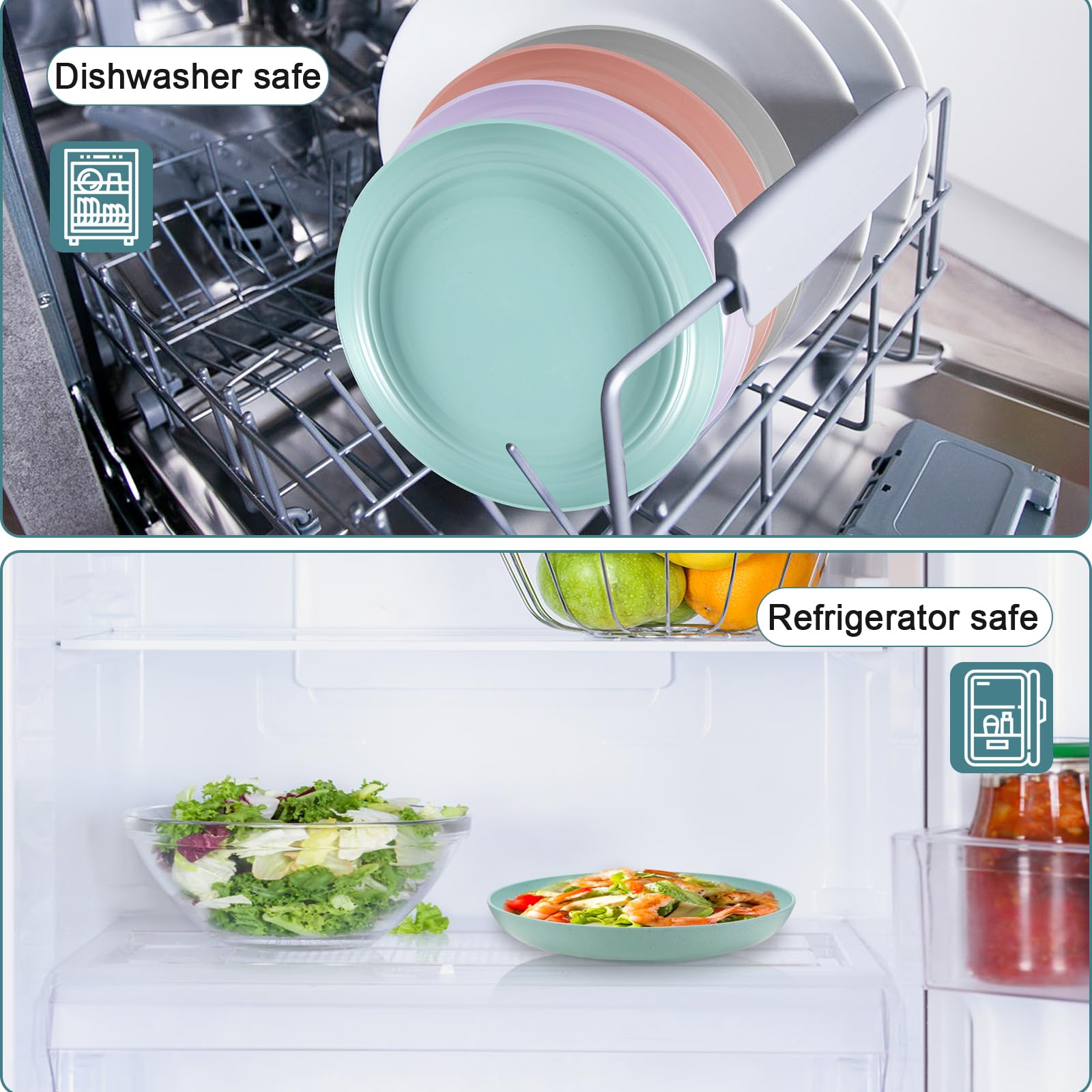 HEYCOME 12 Pcs Unbreakable Deep Dessert Plates Set, 8 inch Reusable Plastic Wheat Straw Plates, Microwave and Dishwasher Safe Plate for Kitchen, Lightweight Plate for Dessert, BPA Free, 6 Colors