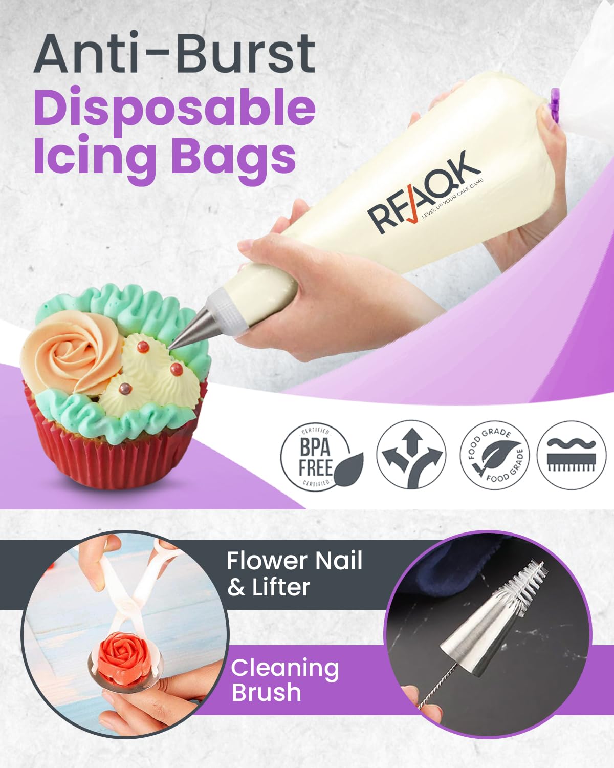 RFAQK 74 PCs Icing Piping Bags and Tips Set, Cake Decorating Kit with 48-Numbered Piping Tips, 20+1 Pastry Bags for Cookie Cupcake Cake Decoration, with Booklet and E-book (Purple)