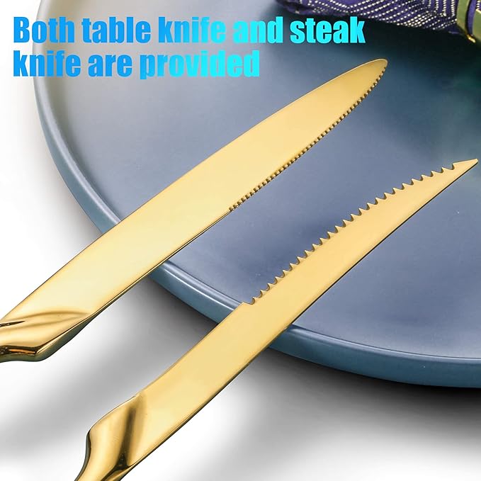 Lemeya 24-Pieces Gold Silverware Set with Steak Knives,Heavy Duty 18/10 Stainless Steel Flatware Set for 4,Modern Cutlery with Forged Stand Knives,Mirror Polished,Dishwasher Safe