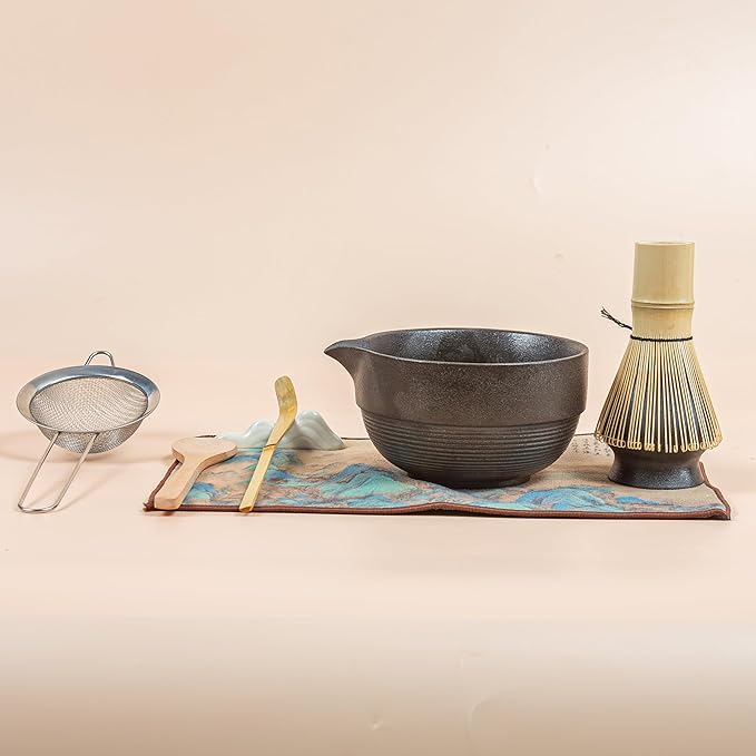 Matcha 7-Piece Set, Japanese Matcha Ceremony Kit with Chawan Bowl, Bamboo Whisk and Strainer, Great Gifts for Mom, Grandma, Wife, Women, Birthday, Mother’s Day, Graduation, Home Decor(Black)