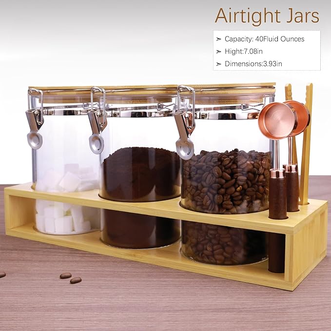 Matifaner Glass Coffee Storage Containers with Bamboo Shelf,Ground Coffee Holder Jars,Airtight Glass Countertop Storage Jar Canisters with Spoon for Coffee,Loose Tea,40 Fluid-oz,Pack of 3