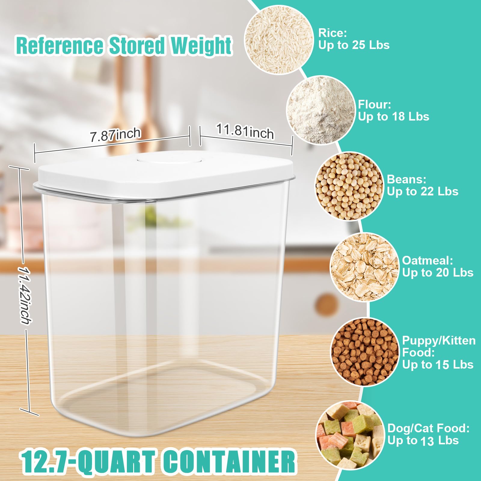 TBMax Large Rice Container 25 Lbs with Easy-Carrying Handles -12.7 Qt Flour Storage Container with Pop Up Lid & Hanging Hooks for Cleaner Use, Airtight Food Storage Bin for Kitchen Organization
