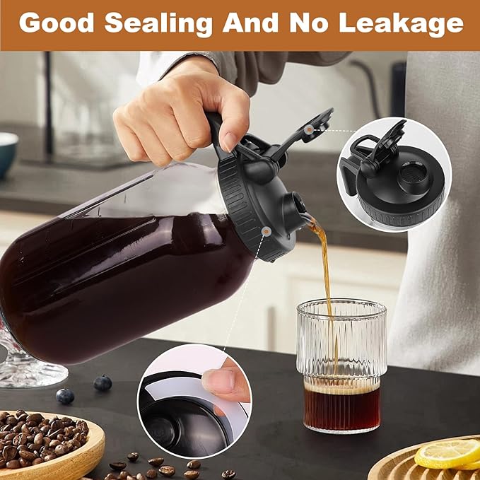 QHH Cold Brew Coffee Maker, 64 oz Mason Jar Pitcher with Stainless Steel Filter, Pour Spout Handle Lid, Airtight & Leak-Proof for Iced Coffee,Tea & Lemonade