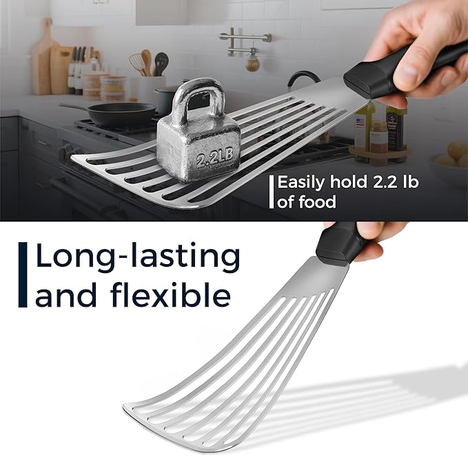 MUJINON Fish Spatula 18/8 Stainless Steel, Thin Long Flexible 12.5-in Metal Spatula Fish Turner Brushed Kitchen Utensil for Outdoor Grilling Daily Barbeque, Dishwasher Safe
