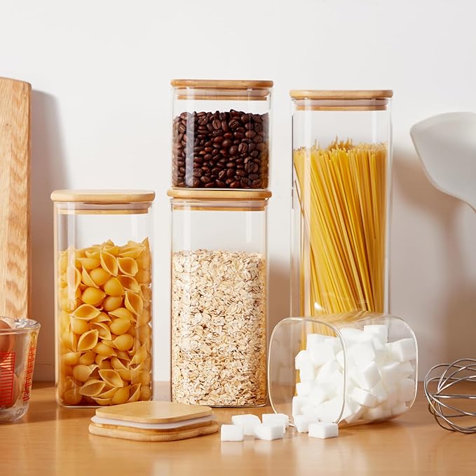 Spreccio Square Glass Food Storage Jars with Lids[Set of 5], Perfect for Pasta, Cookies, Nuts, Coffee, Cereal, Flour,Organize Your Kitchen and Pantry with these BPA-Free Glass Jars with Canisters