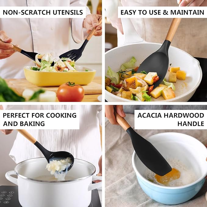 IOCBYHZ Silicone Cooking Utensils Set of 5, Heat Resistant Silicone Kitchen Utensils Set with Wooden Handle, BPA Free Spatula Spoon Turner Ladle Cooking Kitchen Gadgets for Nonstick Cookware & Baking