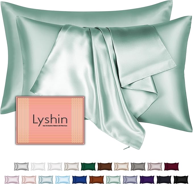 LYSHIN Silk Pillow Cases 2 Pack Queen Size with Zipper, Sage Green