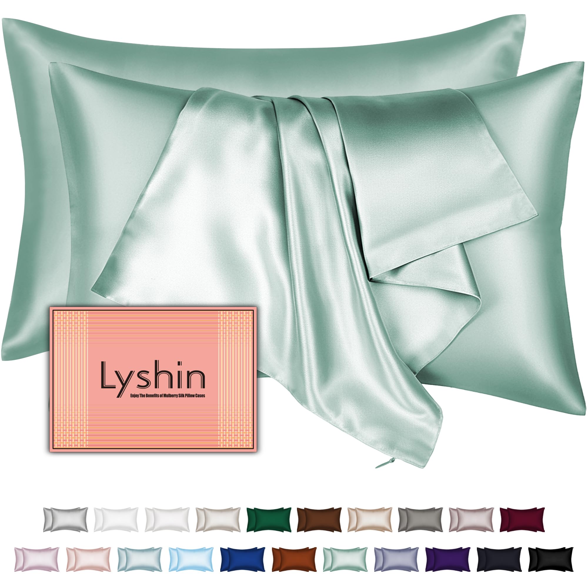 LYSHIN Silk Pillow Cases 2 Pack Queen Size with Zipper, Sage Green