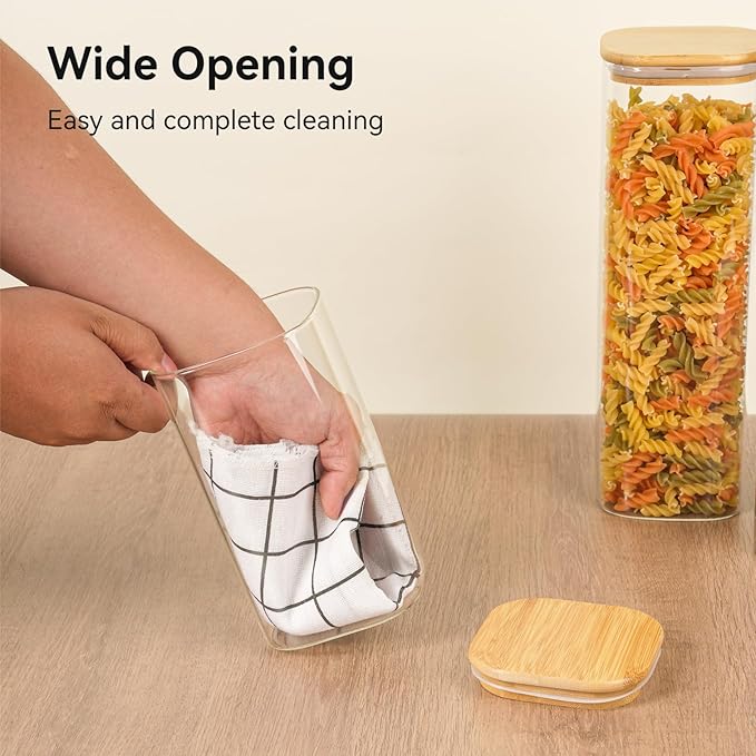 Glass Spaghetti Pasta Storage Container - 5 Pack Airtight Food Storage Jar Set with Bamboo Lid Labels - Square Kitchen Pantry Canister Organizers for Cookies Candy Coffee Bean Sugar Tea Spice Flour