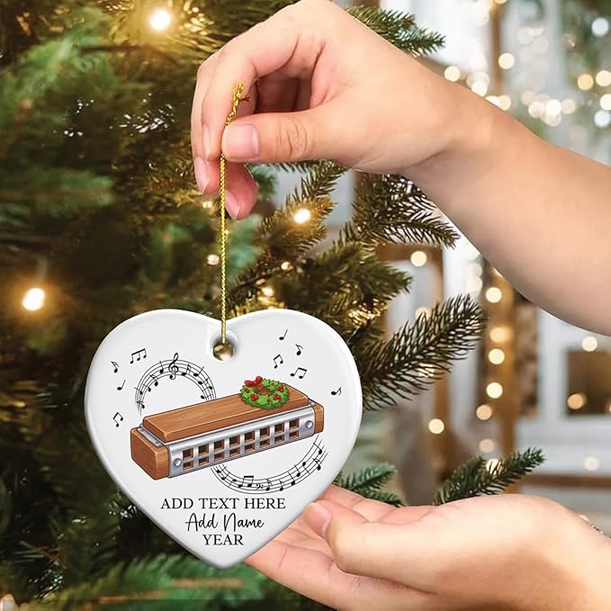 Personalized Harmonica Christmas Ceramic Ornaments, Harmonica Musical Instrument Xmas Tree Ornament 2026, Custom Music Lover Christmas Ornament with Text Name & Year, Gift for Music Teacher
