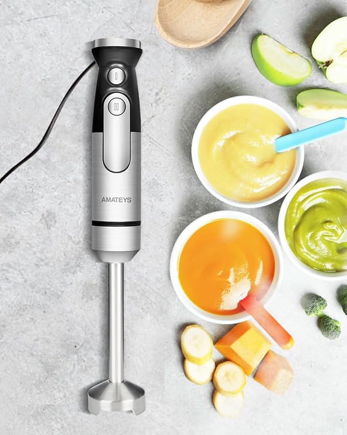 Amateys Handblender with Plug,Immersion Blender Handheld, Heavy-Duty Copper Motor, Detachable Stainless Blade Dishwasher Safe, 2 Modes with Pulse,Infinitely Variable Speed, Space-Saving Design