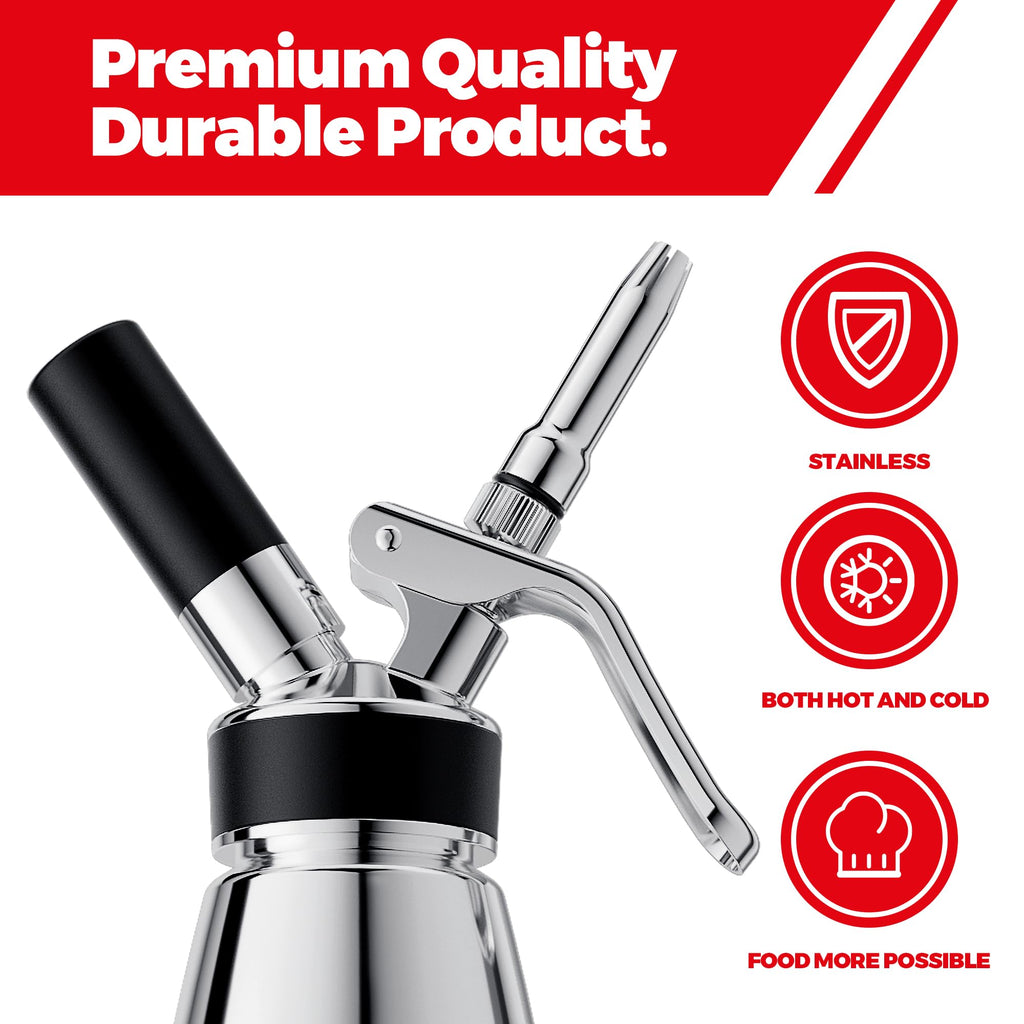 Whipped Cream Dispenser Stainless Steel Keep Warm and Cold,500mL/1 Pint Double Wall Thermos Whipped Cream Maker,5 Various Stainless Decorating Nozzles,1 Cleaning Brush,N2O Chargers NOT Included