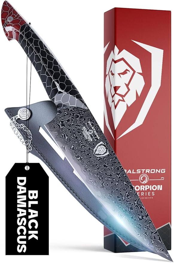 Dalstrong 8" Chef Knife — AUS-12V Steel, 66+ HRC Hardest Build — For Daily Precision Cooking & Dark Kitchen Builds — Black Damascus, Honeycomb Handle, Scorpion ELITE, customer support