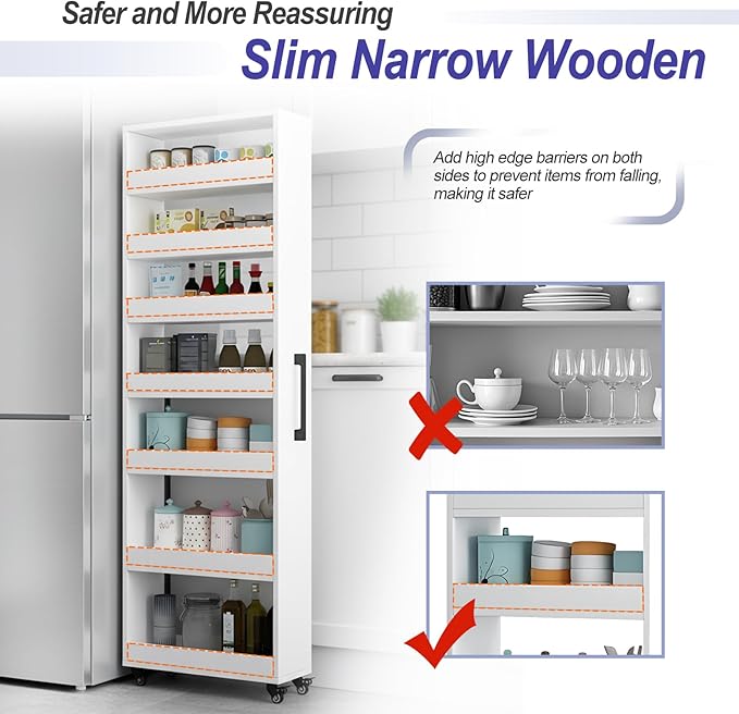 MINGRUIYU 7-Tier Slim Storage Cart, Wooden Rolling Pantry Cabinet with Wheels, Narrow Shelf Organizer for Kitchen, Bakers Rack, Dining Room, Closet, Small Spaces Teak 73.2''H*7.8''W*19.6''D