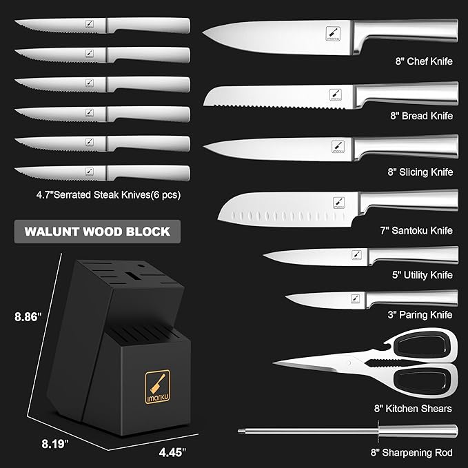 imarku Knife Set - 15PCS Kitchen Knife Set Japanese High Carbon Stainless Steel Knives Set for Kitchen, Dishwasher Safe Ultra Sharp Professional Chef Well Balance Utility Knives, Black