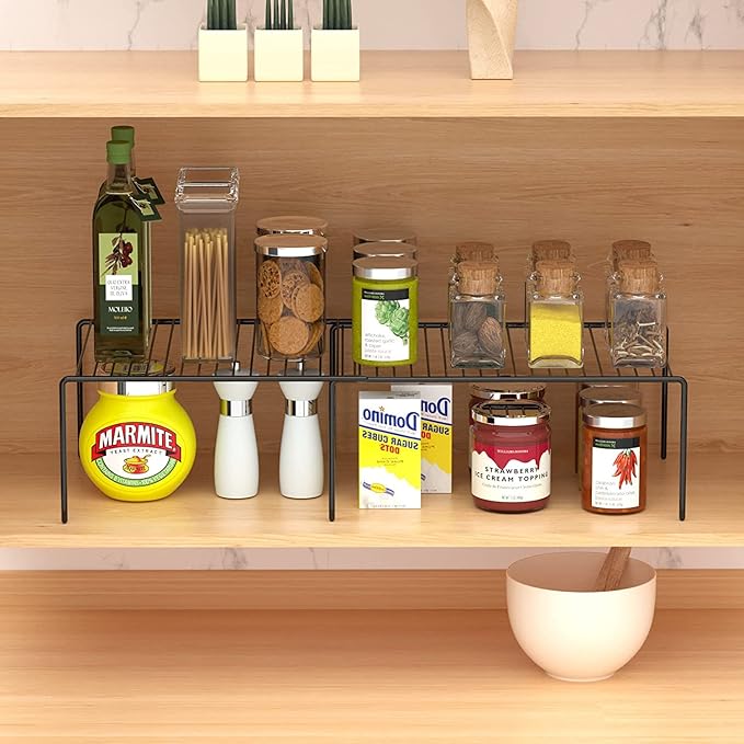 GEDLIRE Kitchen Cabinet Expandable Shelf Organizers Set of 2, Adjustable Metal Wire Pantry Storage Shelves, Plate Dish Organizer Rack for Cabinets, Cupboard, Counter, Freezer, Countertop, Black