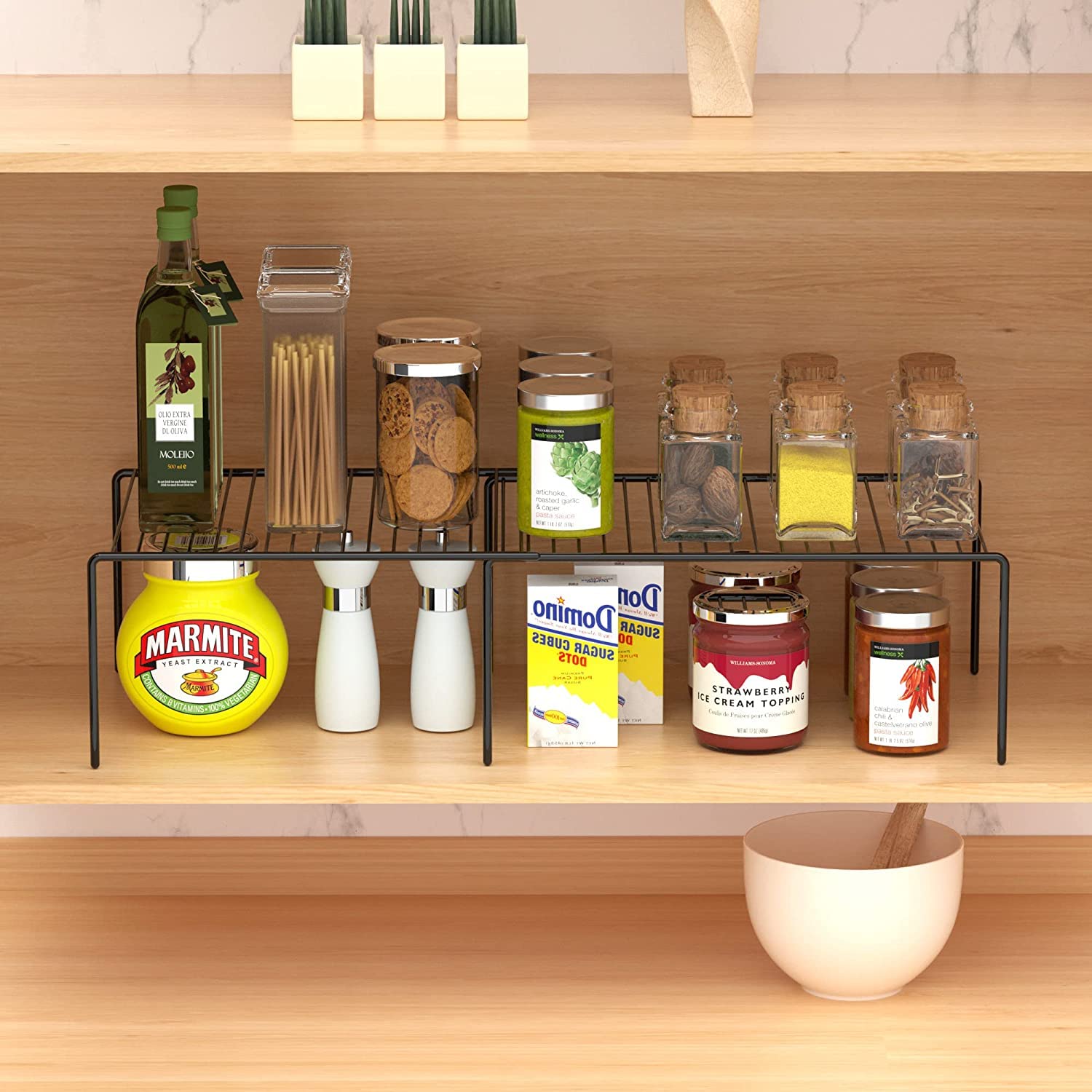 GEDLIRE Kitchen Cabinet Expandable Shelf Organizers Set of 2, Adjustable Metal Wire Pantry Storage Shelves, Plate Dish Organizer Rack for Cabinets, Cupboard, Counter, Freezer, Countertop, Black